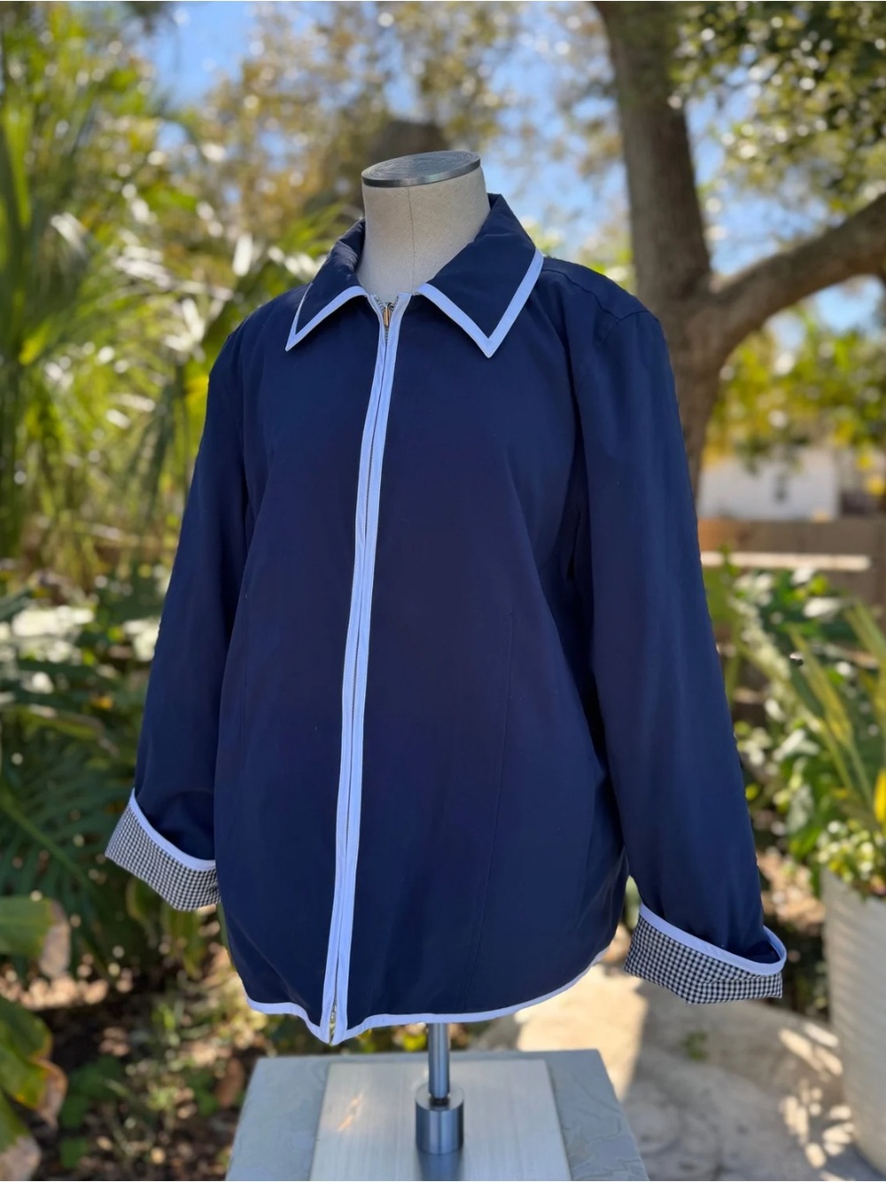 Vintage Late 1980s Reversible Navy Gingham Zip Jacket